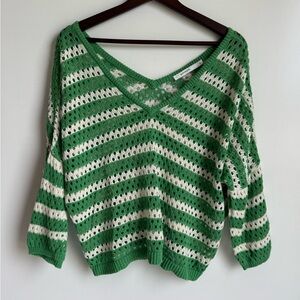 SUMMUM Jumper Sweater Green White Women Small V neck Open Knit 100‎ cotton mesh